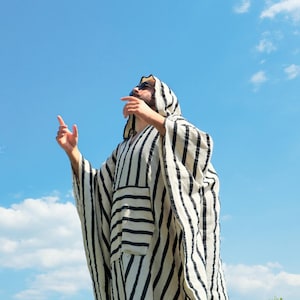Handwoven Striped Organic Cotton Hooded Caftan: Mens Beach Robe, Cover-Up, Plus size Kimono, unisex kaftan, loose dress, costume