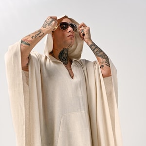 Organic Linen Cotton Hooded Caftan: Beige Boho Beach Cover-Up, Cover-Up, Plus size Kimono, unisex kaftan, loose dress, Halloween costume