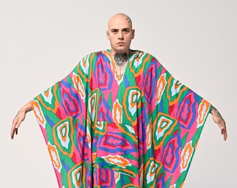 Hooded Bohemian Caftan: Silky Viscose Loungewear with Pockets. USA Custom Fee Include Price