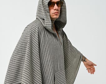 Striped Linen Hooded Caftan: Unisex Organic Cotton Blend, Party, Pool Costume, Dress, Caftan.