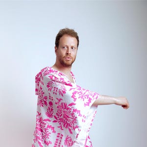 Unisex Linen Blend Caftan Dress: Hooded Pink Pride Robe, Cover-Up, Plus size Kimono, unisex kaftan, loose dress, costume