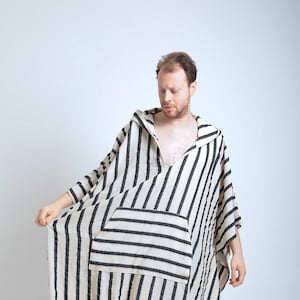 Striped Linen Caftan with Hood & Pocket - Handmade Organic Muslin Menswear, Cover-Up, Plus size Kimono, unisex kaftan, loose dress, costume