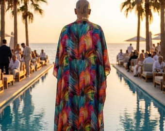 Mens Kaftan - Unisex Caftan, Feather Print, Oversized Silky Satin Robe, Party Wear