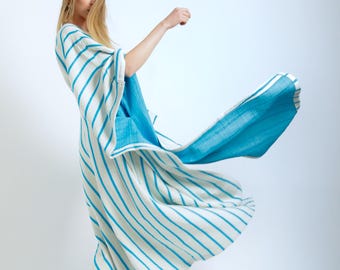 Double Gauze Kaftan: Organic Cotton Striped Muslin Cover-Up, Plus Size - Party, Pool Costume, Dress.
