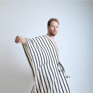 Handmade Linen Caftan Robe with Hood: Unisex Kimono with Tie, Cover-Up, Plus size Kimono, unisex kaftan, loose dress, costume
