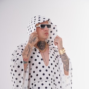 Polka Dot Linen Hooded Caftan: Oversized Wedding Guest Dress, Cover-Up, Plus size Kimono, unisex kaftan, loose dress, costume