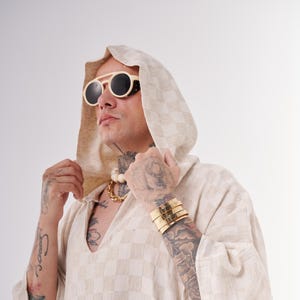 Linen Cotton Hooded Kaftan: Mens Beige Bohemian Robe, Cover-Up, Plus size Kimono, unisex kaftan, loose dress, costume