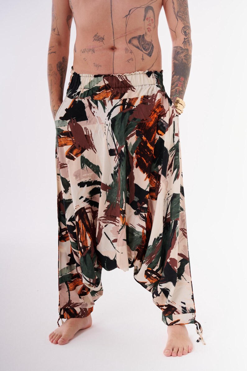 Boho festival harem pants in organic cotton blend, breathable loose trousers for summer street style and art events