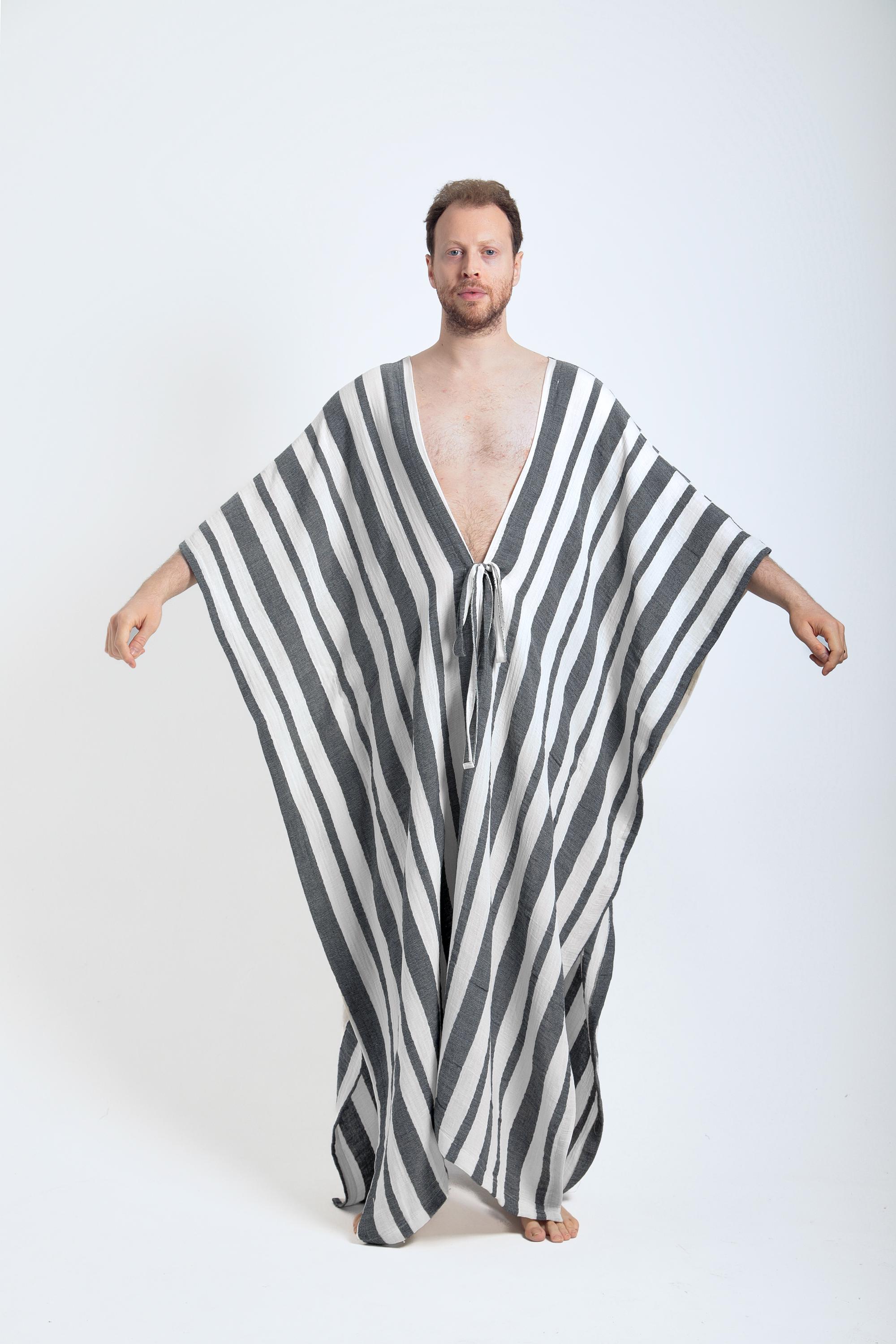 Muslin Cotton Gauze Kaftan Robe: Greek Style Striped Cover-Up