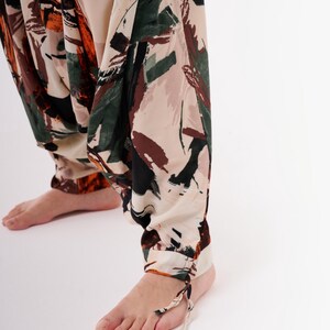 Artistic printed boho pants with soft drape, organic cotton viscose drop crotch trousers for everyday comfort