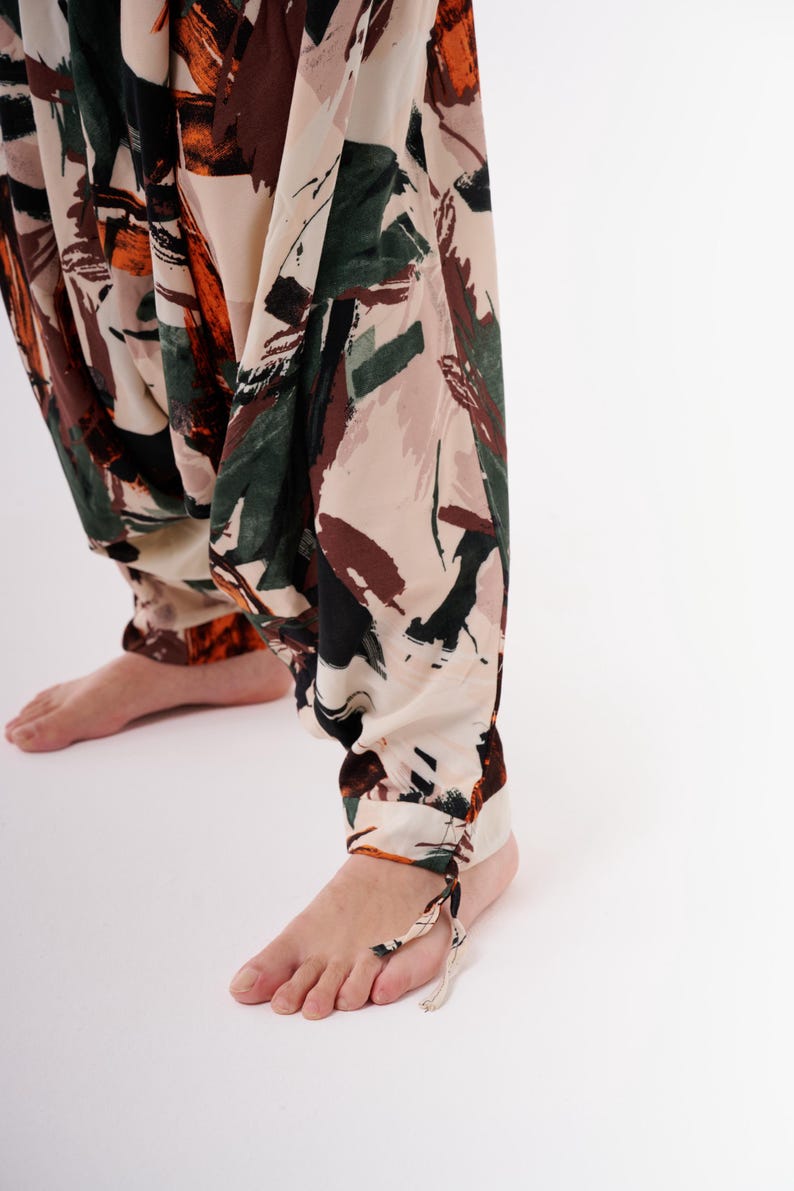 Artistic printed boho pants with soft drape, organic cotton viscose drop crotch trousers for everyday comfort
