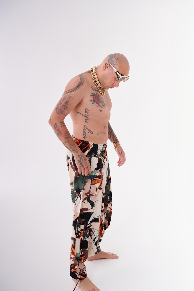 Organic cotton viscose harem pants with drop crotch silhouette and elastic waistband, breathable boho trousers for festival fashion and avant garde street style