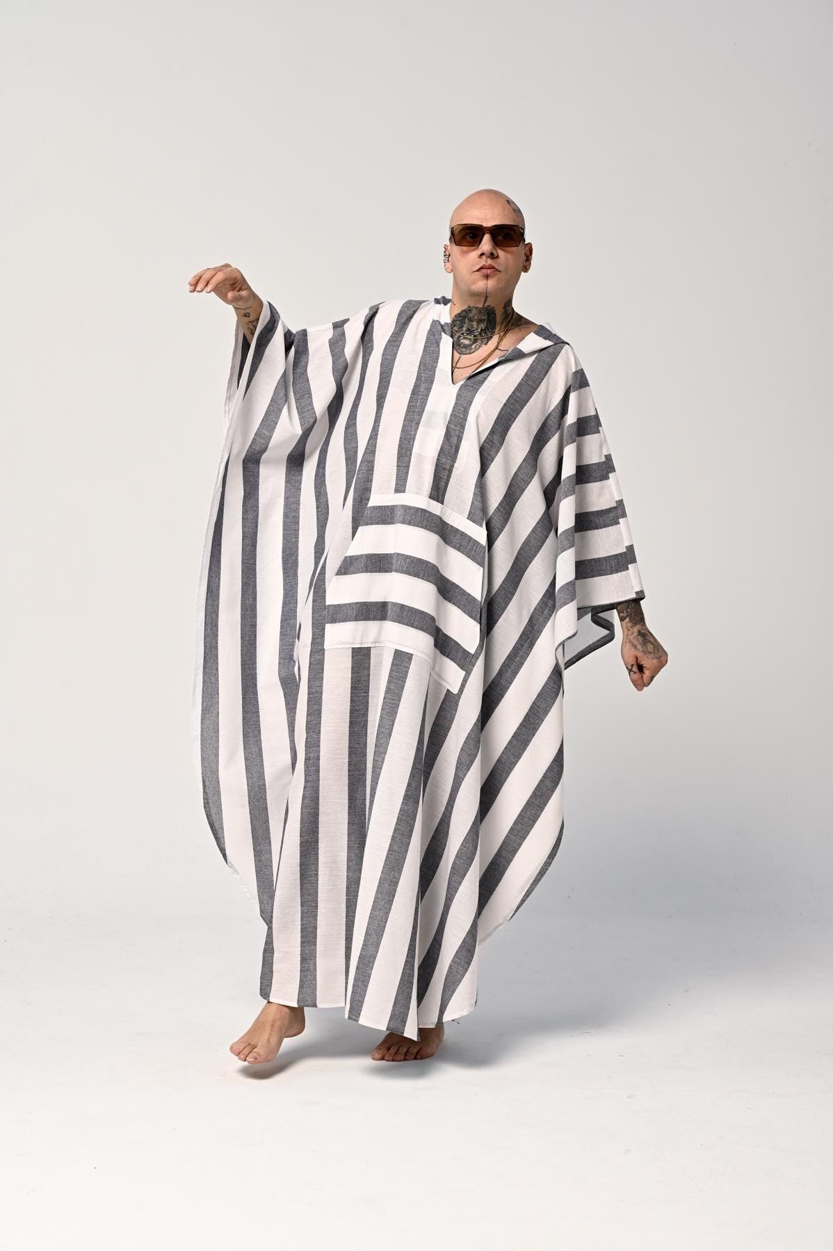 Striped Linen Kaftan - Organic Cotton Blend, Robe, Caftan with Hood, Unisex