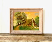 Vintage Oil Painting Thatched Roof Cotttage Landscape
