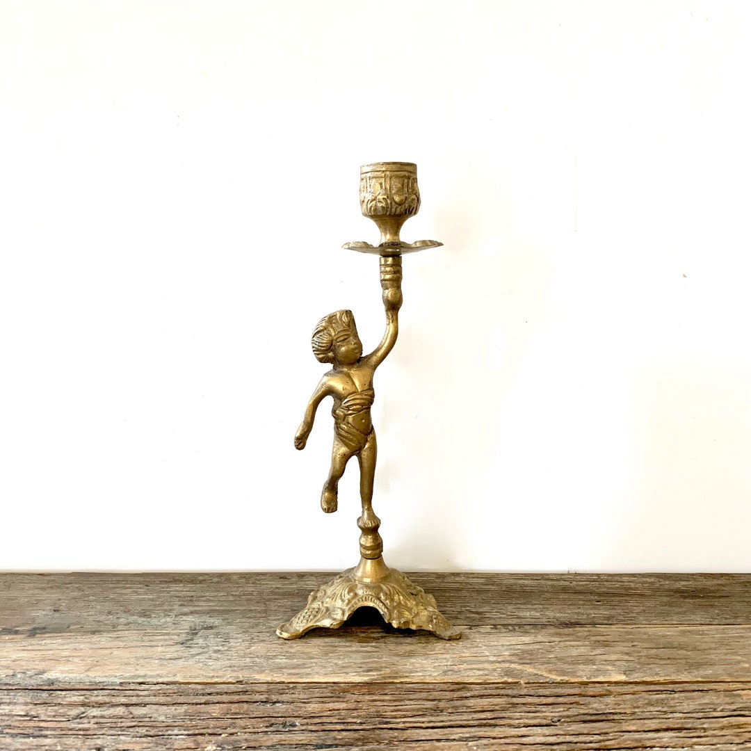 Vintage Brass Metal Cherub Candlestick Holder Etsy