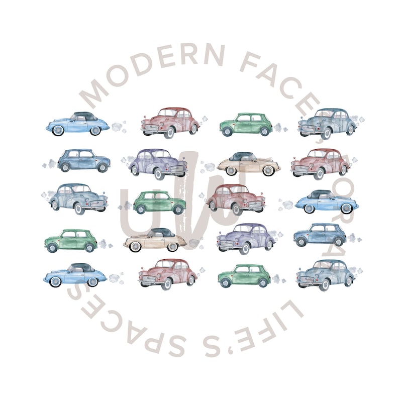 May include: A watercolor illustration of a circle with the text "MODERN FACE LIFE'S SPACES" around the edge. Inside the circle are 16 vintage cars in various colors, including blue, green, red, and brown. The cars are all facing the same direction and have a whimsical, retro feel.
