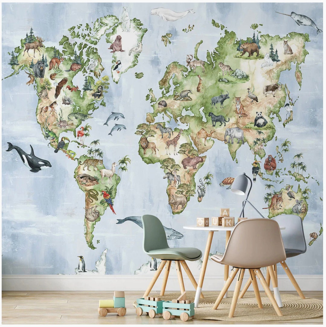 Animal World Map Wall Mural | Urbanwalls - Etsy