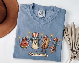Cute 4th Of July Comfort Colors Shirt, Patriotic Watermelon Hotdog Firework Shirt, Retro American Independence T-Shirt, Summer 250th Shirt