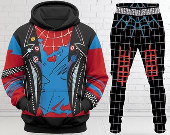 May include: A black hooded sweatshirt and matching sweatpants set featuring a graphic print of a leather jacket over a red spiderweb pattern, blue accents, and various pins. The pants feature a black grid pattern with red rectangular details.