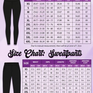 a size chart for leggings and sweatpants, providing measurements for waist, hips, length, and around the waist for different sizes. The chart includes images of leggings and sweatpants in various sizes, along with corresponding measurements. The chart is designed to help customers determine the appropriate size based on their measurements.