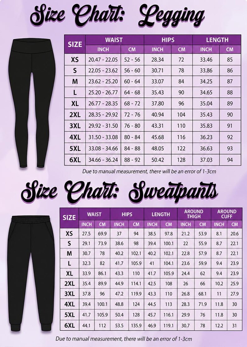a size chart for leggings and sweatpants, providing measurements for waist, hips, length, and around the waist for different sizes. The chart includes images of leggings and sweatpants in various sizes, along with corresponding measurements. The chart is designed to help customers determine the appropriate size based on their measurements.