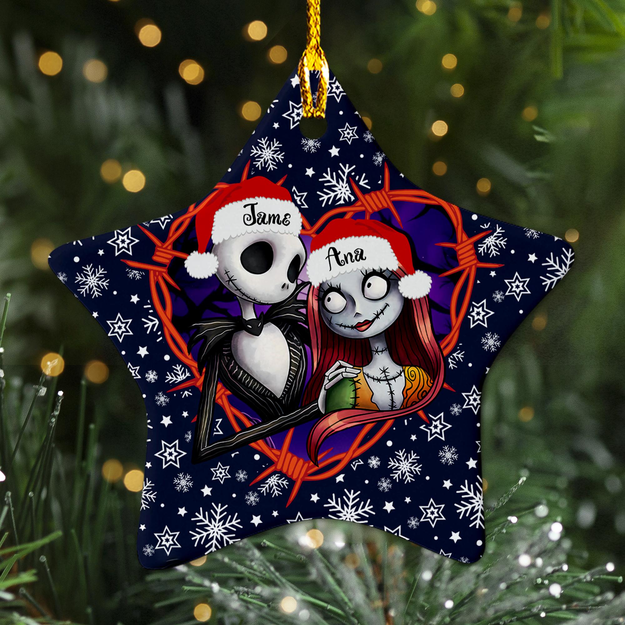 Discover Personalized Ornament Scary Couple With Santa Hat, Nightmare Animated Movie Xmas Ornament