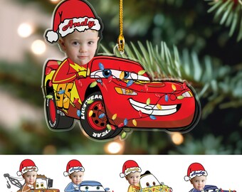 Disney Cars Movie Lightning McQueen Ornament, Custom Pixar Cars With Kid Face Ornament, Disney Cars Keepsake Gift For Kid