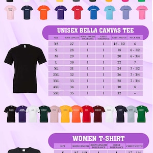 K&ouml;nnte beinhalten: Das Bild zeigt eine Auswahl an T-Shirts in verschiedenen Farben, darunter Schwarz, Wei&szlig; und Marineblau. Gr&ouml;&szlig;entabellen f&uuml;r Unisex-T-Shirts f&uuml;r Erwachsene, Unisex Bella Canvas und Damen-T-Shirts mit K&ouml;rperl&auml;nge, Brustweite und Toleranz in Zoll sind enthalten.