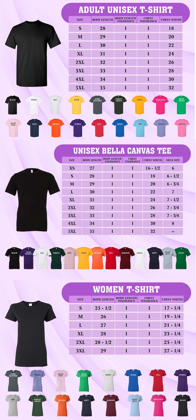 K&ouml;nnte beinhalten: Das Bild zeigt eine Auswahl an T-Shirts in verschiedenen Farben, darunter Schwarz, Wei&szlig; und Marineblau. Gr&ouml;&szlig;entabellen f&uuml;r Unisex-T-Shirts f&uuml;r Erwachsene, Unisex Bella Canvas und Damen-T-Shirts mit K&ouml;rperl&auml;nge, Brustweite und Toleranz in Zoll sind enthalten.