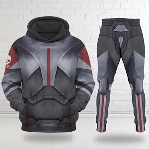 May include: A matching gray hoodie and sweatpants set. The hoodie features a detailed design with red accents and a skull emblem on the shoulder. The sweatpants have a similar design with red stripes down the sides. The set is designed to look like armor.