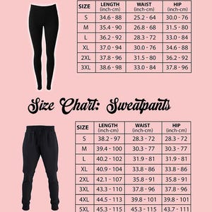 Op de afbeelding: Maattabellen voor leggings en joggingbroeken. De legging-tabel toont maten S t/m 3XL met afmetingen in inches en cm voor lengte, taille en heup. De joggingbroekentabel toont maten S t/m 5XL met vergelijkbare afmetingen.
