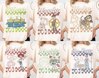 Disney Pixar Toy Story All Characters Checkered Retro Signature Shirt, Disney Toy Story Family Trip Shirt, Personalized Group Matching Tee