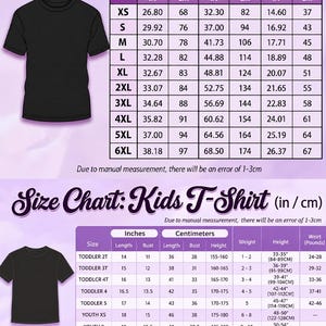 The image is a size chart for an adult t-shirt, providing measurements for different age groups and sizes. The chart includes a black t-shirt and a children's t-shirt, both with their respective size charts. Due to manual measurement, there may be an error of 1-3 cm.