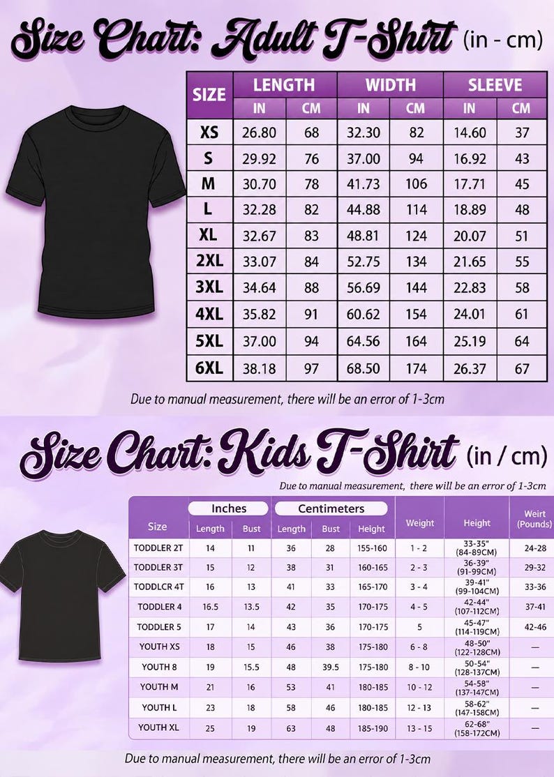 The image is a size chart for an adult t-shirt, providing measurements for different age groups and sizes. The chart includes a black t-shirt and a children's t-shirt, both with their respective size charts. Due to manual measurement, there may be an error of 1-3 cm.