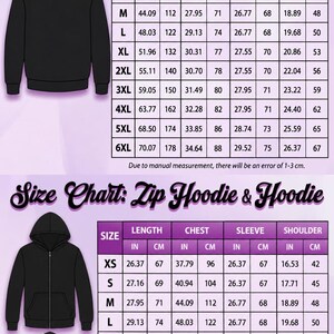 a size chart for a sweatshirt, including measurements for chest, length, sleeve, and shoulder. The chart provides size options in both inches and centimeters, and includes a diagram of a sweatshirt to illustrate the measurements. The chart also includes a zip hoodie and hoodie size chart. Due to the nature of the image, I cannot provide specific details about the content or context, but it is a chart that provides information about the size of a sweatshirt.