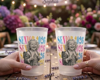 Custom Senior Photo Colorful Frosted Cups, Retro Graduation Photo Cup, Class of 2026 Party Cups, Grad Family Party Decor, Senior Friends Cup