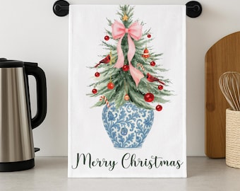 Chinoiserie Christmas Tree Hand Towel, Tree Merry Christmas Hand Towel, Woodland Christmas Kitchen Decor, Farmhouse Decoration Towel