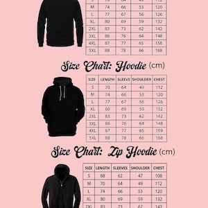 Op de afbeelding: Maattabellen voor zwarte truien, hoodies en zip hoodies met afmetingen in centimeters. De tabellen bevatten maten S tot en met 5XL, met details over lengte, mouw, schouder en borst voor elk kledingstuk. De tekst "Size Chart" staat bovenaan.