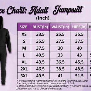 a size chart for an adult jumpsuit, providing measurements for bust, waist, hips, and height in inches.
