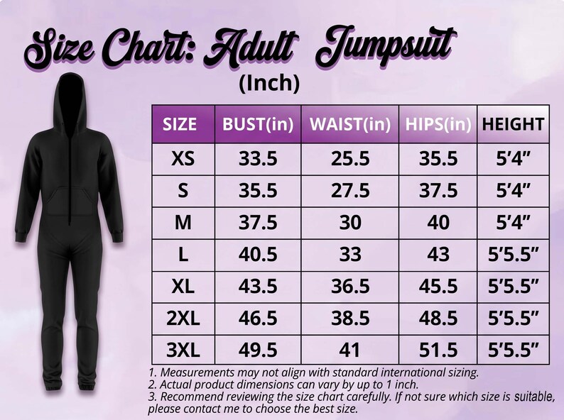 a size chart for an adult jumpsuit, providing measurements for bust, waist, hips, and height in inches.