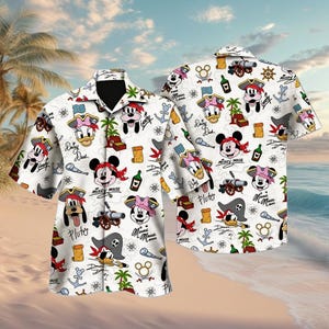 Mickey & Friends Signature Disney Pirate Hawaiian Shirt, Minnie Goofy Donald Daisy Pluto Hawaii Shirt, Pirate Disney Cruise Trip Button Tee