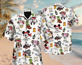 Mickey & Friends Signature Disney Pirate Hawaiian Shirt, Minnie Goofy Donald Daisy Pluto Hawaii Shirt, Pirate Disney Cruise Trip Button Tee