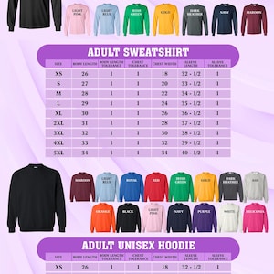 K&ouml;nnte beinhalten: Gr&ouml;&szlig;entabelle f&uuml;r Unisex-Langarmshirts, Sweatshirts und Hoodies f&uuml;r Erwachsene. Die Tabelle enth&auml;lt die Ma&szlig;e f&uuml;r K&ouml;rperl&auml;nge, Brustweite und &Auml;rmell&auml;nge in cm. Verschiedene T-Shirt-Farben sind unter der Tabelle abgebildet.