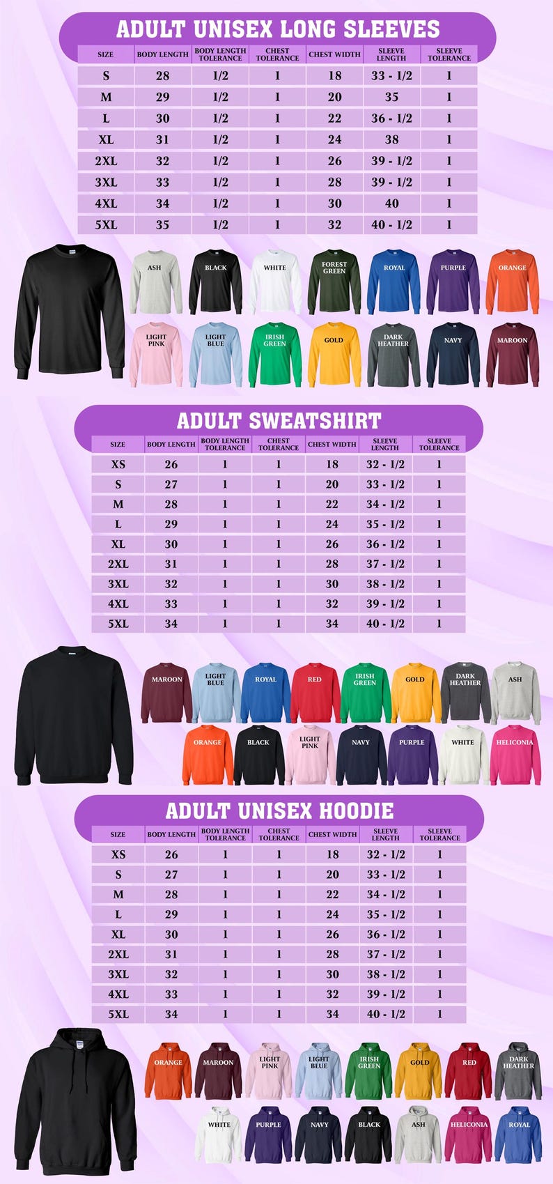 K&ouml;nnte beinhalten: Gr&ouml;&szlig;entabelle f&uuml;r Unisex-Langarmshirts, Sweatshirts und Hoodies f&uuml;r Erwachsene. Die Tabelle enth&auml;lt die Ma&szlig;e f&uuml;r K&ouml;rperl&auml;nge, Brustweite und &Auml;rmell&auml;nge in cm. Verschiedene T-Shirt-Farben sind unter der Tabelle abgebildet.