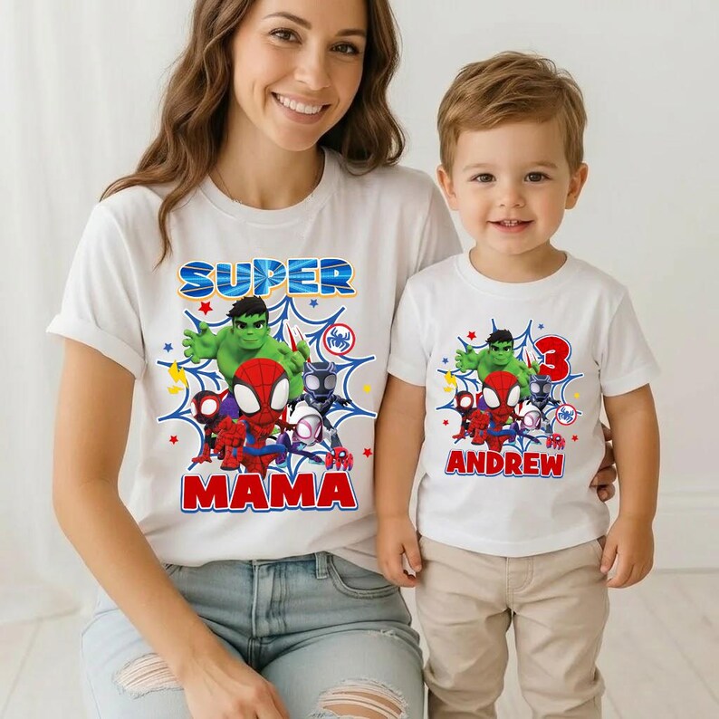 Personalized Spider And Amazing Friends Birthday Shirt, Custom Spider Hero Matching Family Birthday T-Shirt, Superhero Theme Kid Shirt RE image 3