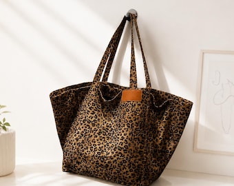 Leopard Print Tote Bag Large Capacity Shoulder Bag Animal Print Handbag Canvas Shopping Bag Work School Tote