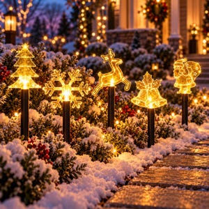 May include: A set of five illuminated outdoor garden stakes featuring golden yellow LED silhouettes of a Christmas tree, a snowflake, a reindeer, a pair of bells, and Santa Claus, each mounted on a black pole positioned in snowy ground.