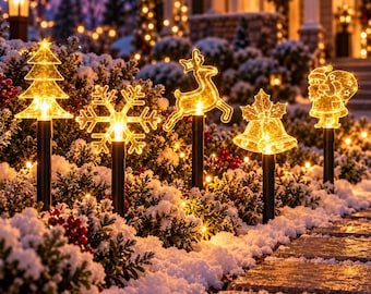 5 st solcellsdrivna julbelysning med LED-lampor för trädgårdsstänger, stjärna, snöflinga, klocka, träddekoration