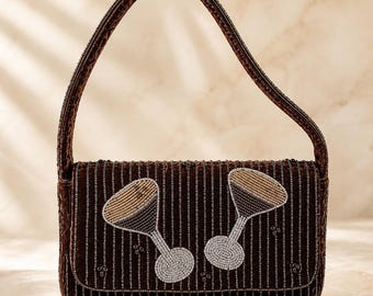 Beaded Velvet Shoulder Bag Brown Embellished Evening Purse Cocktail Glass Beaded Handbag Flap Bag Party Purse