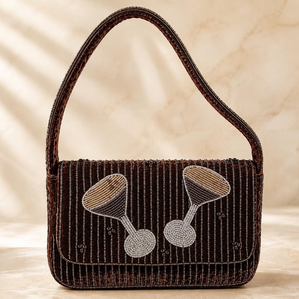 Beaded Velvet Shoulder Bag Brown Embellished Evening Purse Cocktail Glass Beaded Handbag Flap Bag Party Purse